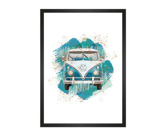VW Campervan Art Print, with Paint Streaks and Spatter Background