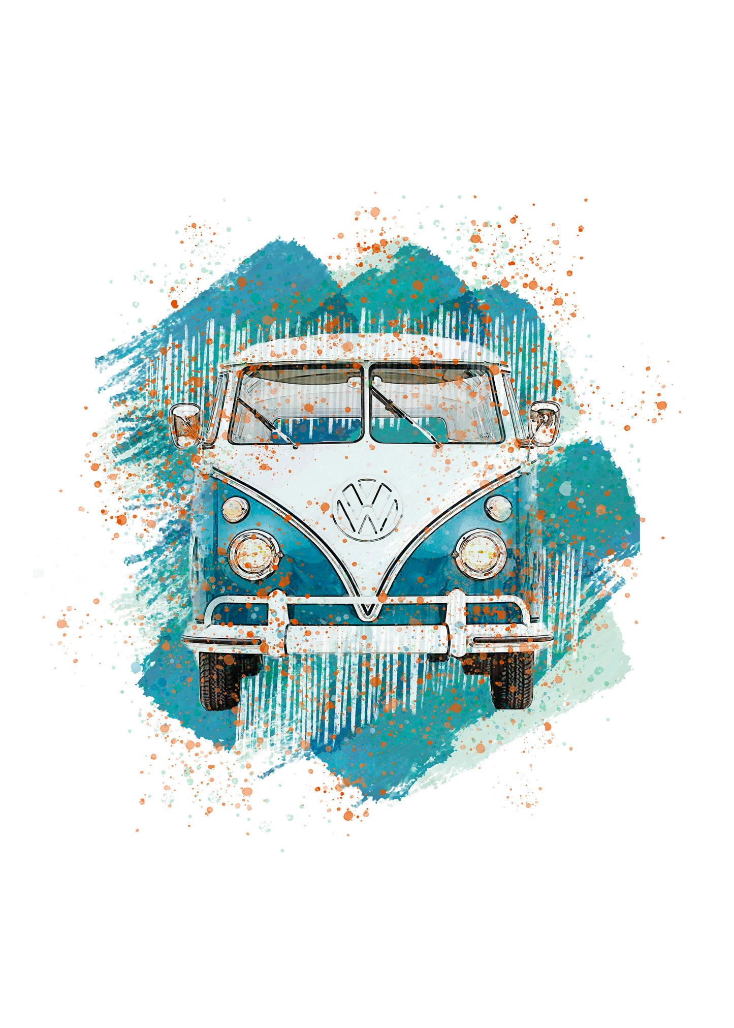 VW Campervan Art Print, with Paint Streaks and Spatter Background