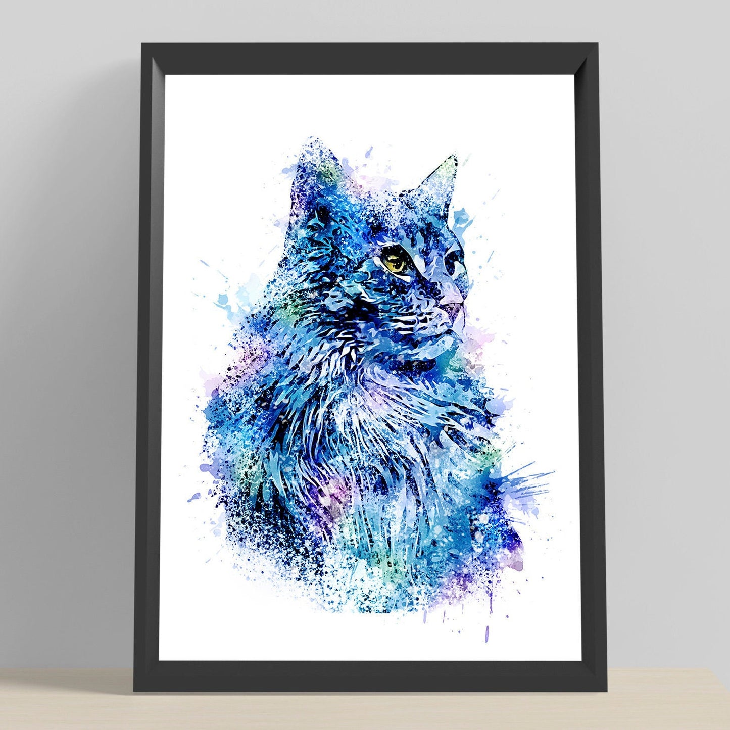 Cat Art Print in Painterly Blue Tones