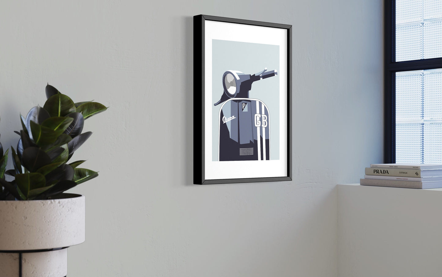 Vespa Scooter Art Print with Blue, Pink or Cream Background