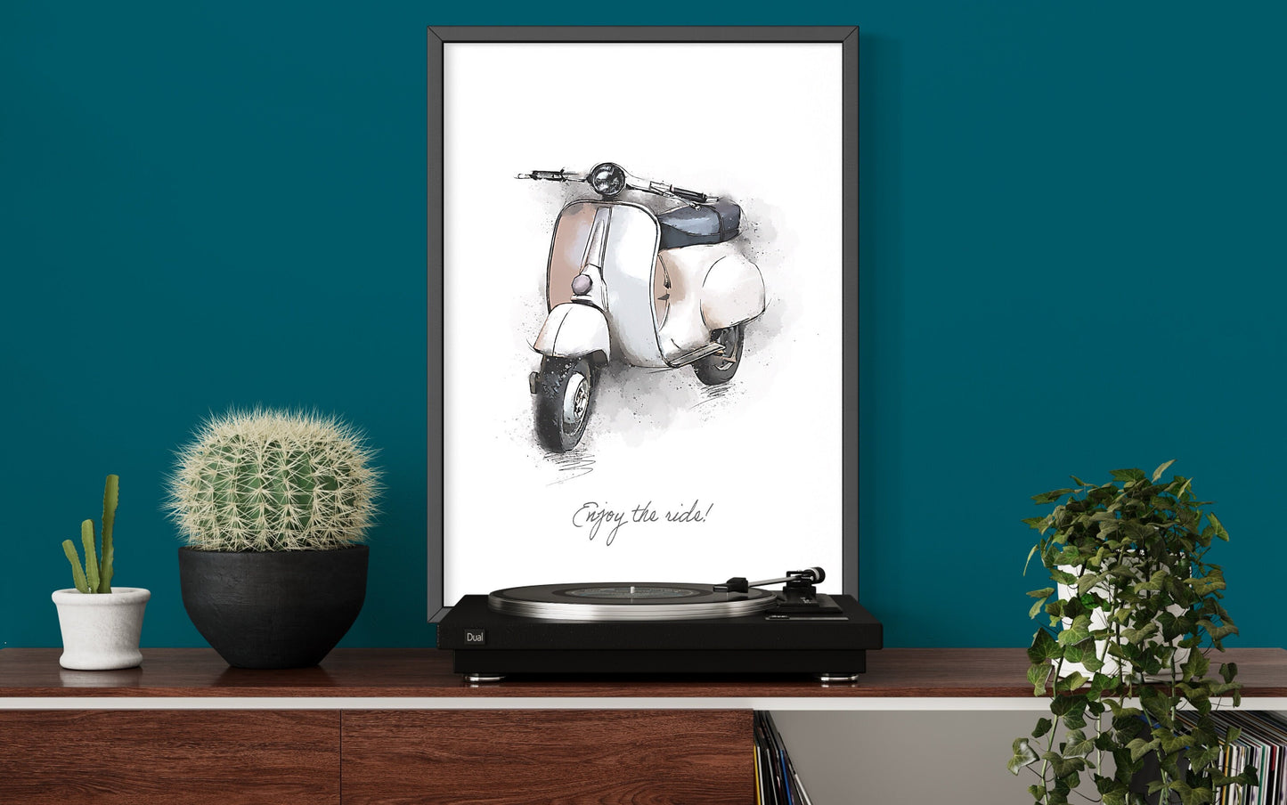 White Vespa Scooter Art Print with Enjoy the Ride Quote