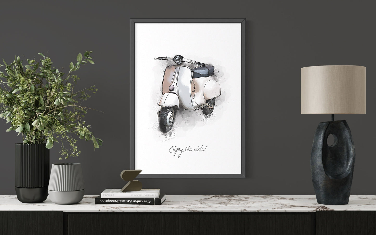 White Vespa Scooter Art Print with Enjoy the Ride Quote