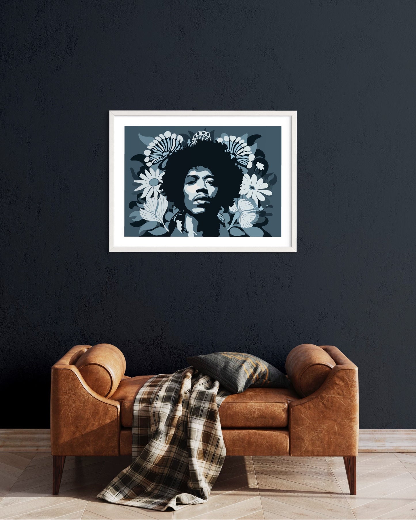 Jimi Hendrix Print, Wall Art Decor, Blue