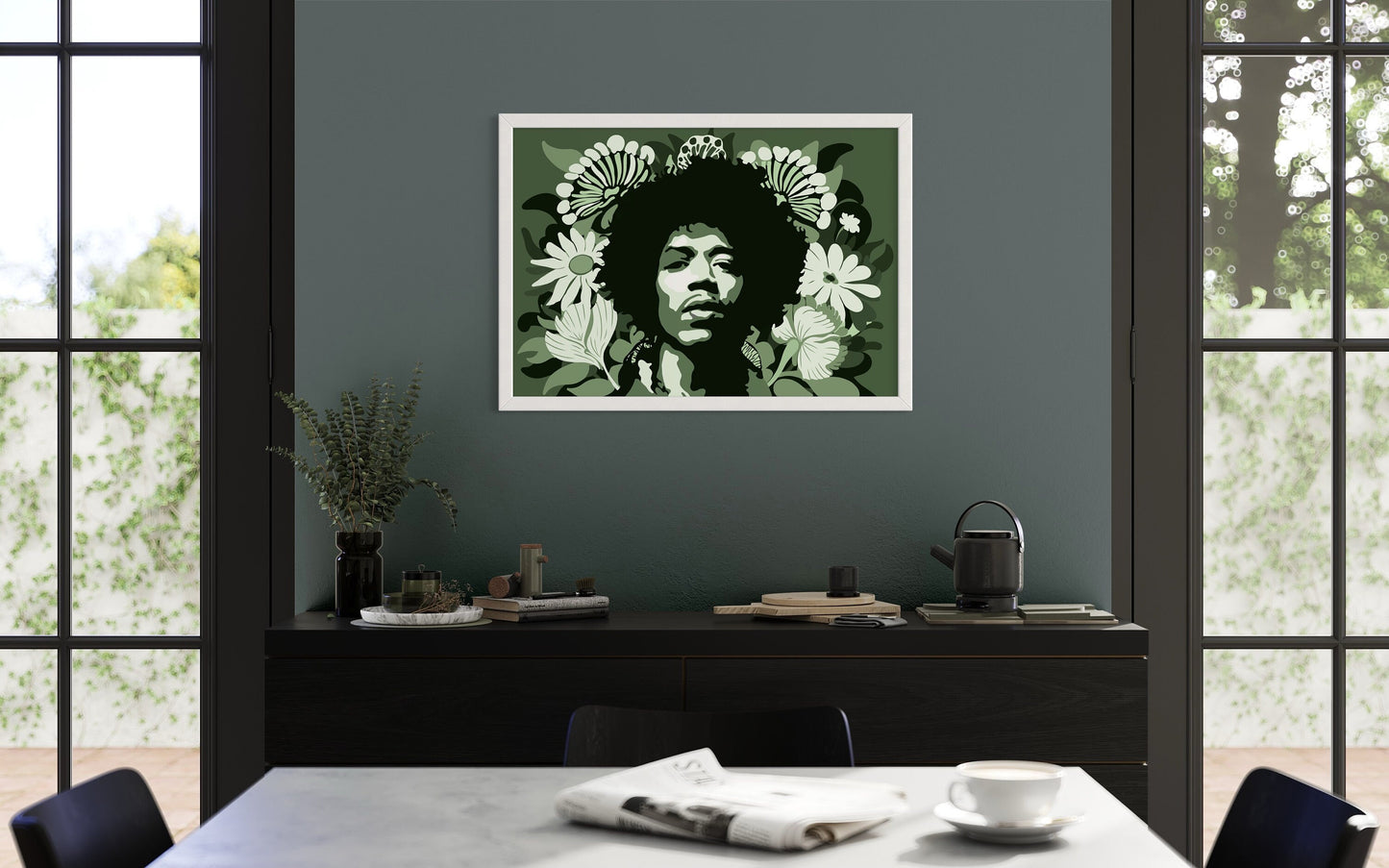 Jimi Hendrix Print, Wall Art Decor, Green